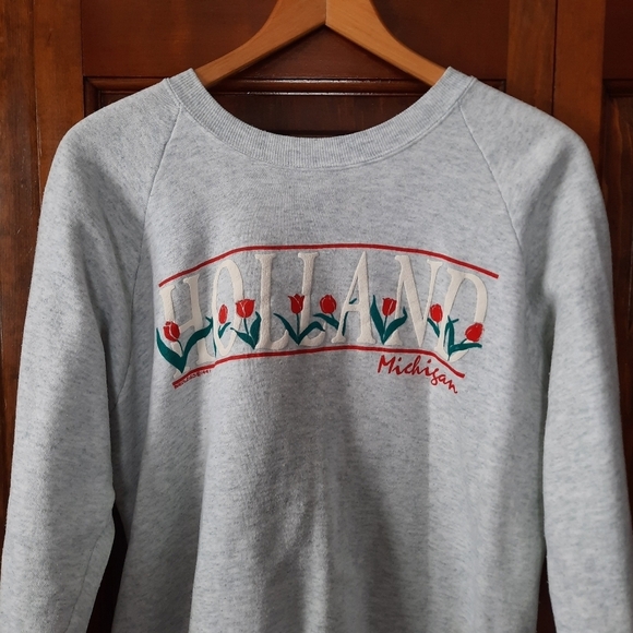 Vintage 1991 Holland Michigan tulips 3D spellout graphic gray raglan crewneck - Picture 2 of 13